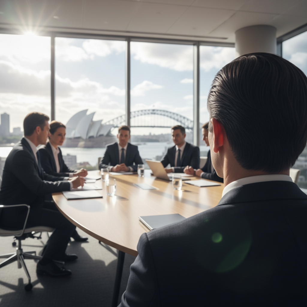 Boardroom meeting viewed from behind with Sydney Opera House through window
