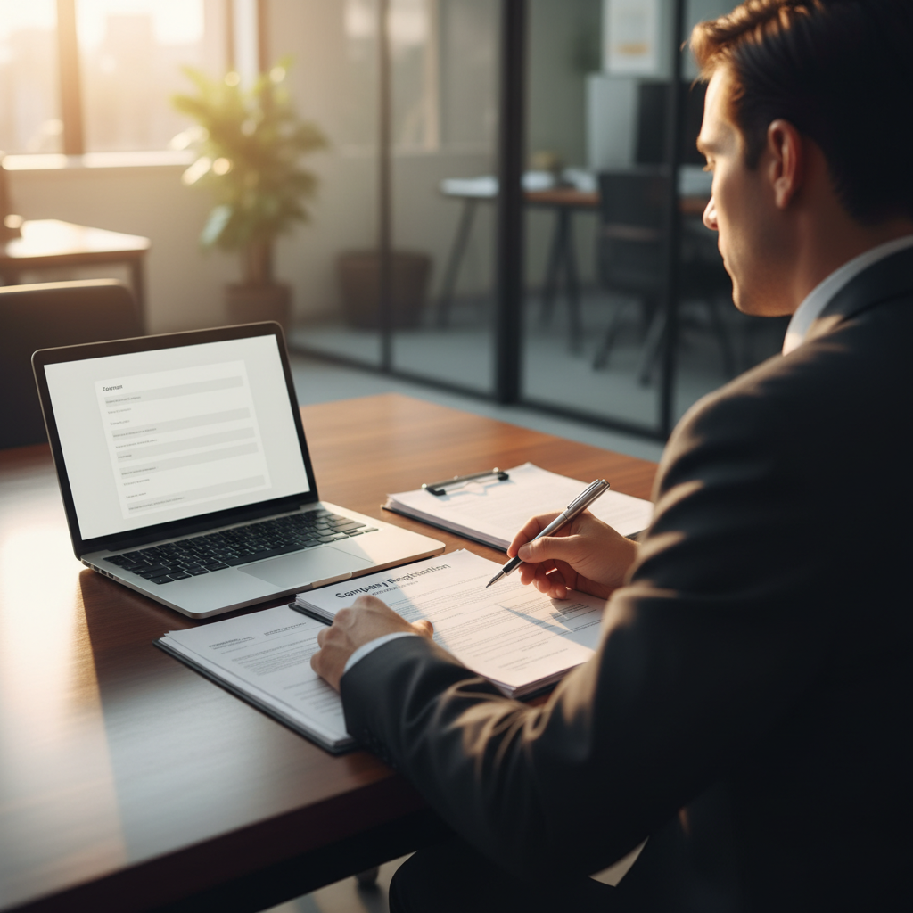 Professional reviewing business registration documents at office desk